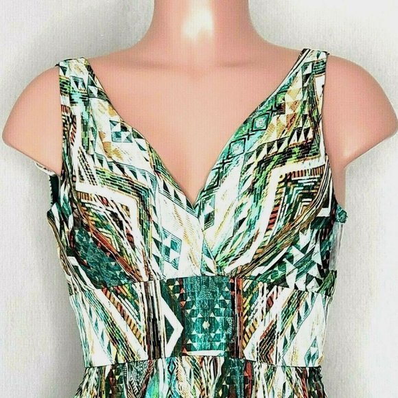 Boston Proper Amazon Ikat Dress Green Multicolor Deep V Neckline - Picture 3 of 8